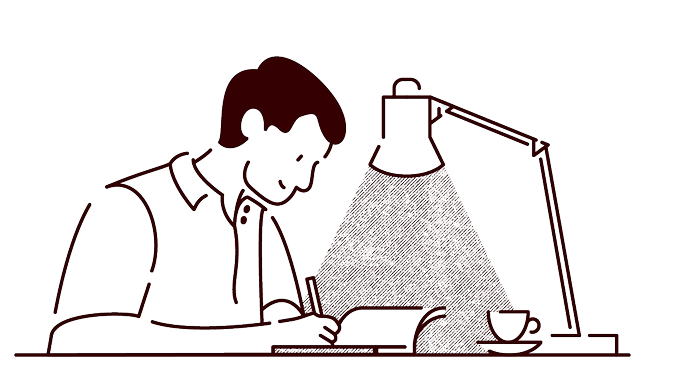 Line drawing of a man writing in a notebook under a desk lamp with a cup beside him.