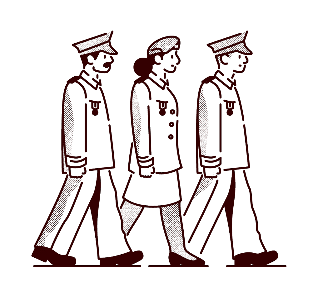 Illustration of three military personnel marching, two men in uniform with caps and one woman in uniform with a beret.