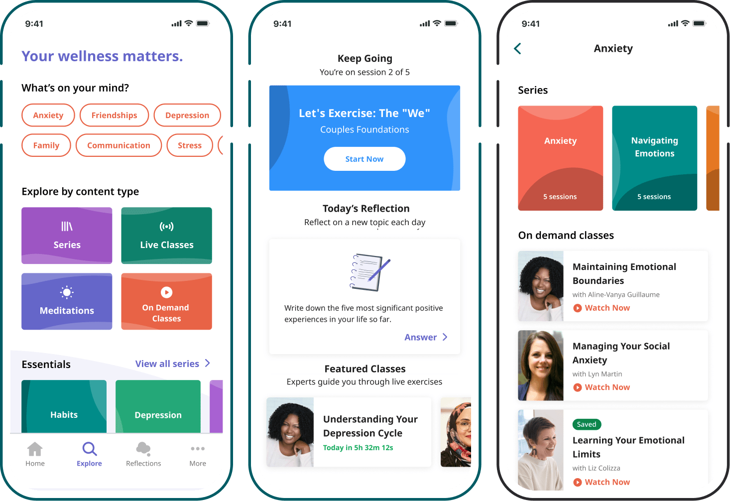 Three smartphone screens showing the Talkspace Go app with options to explore mental health topics, start live classes and reflections, and view on-demand sessions for anxiety.