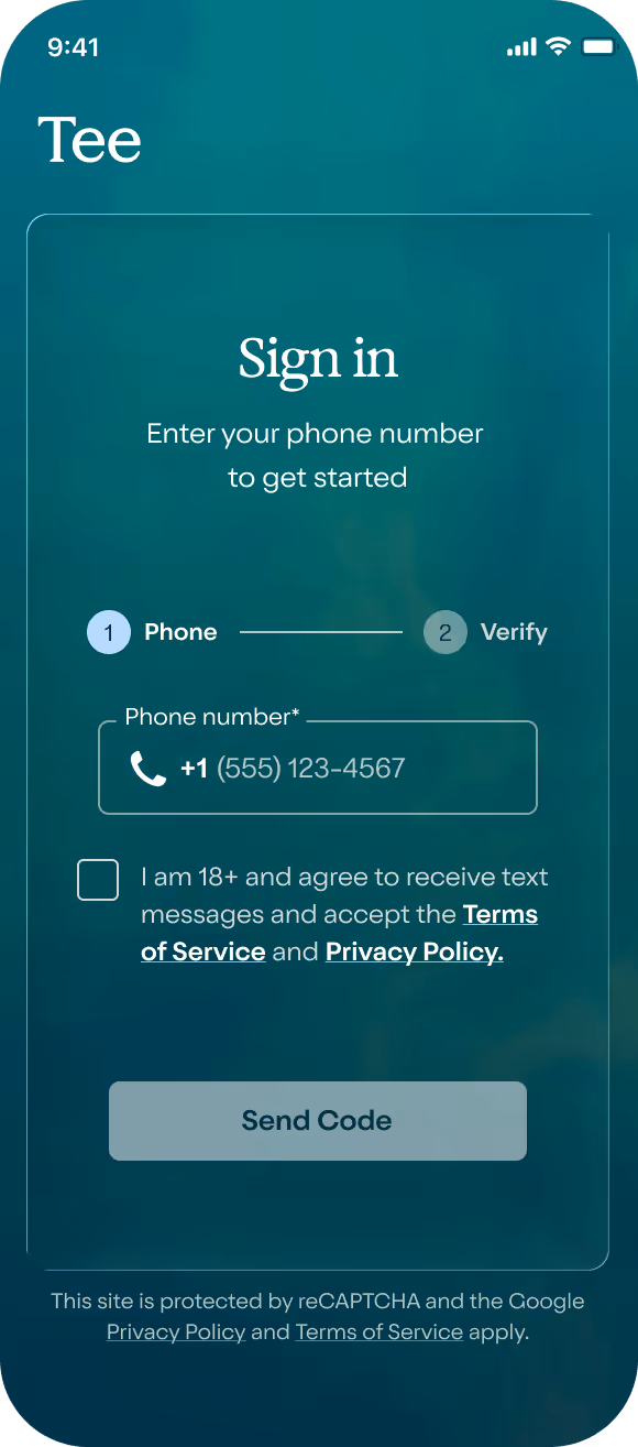Sign-in screen prompting phone number entry to get started with terms and privacy policy consent.