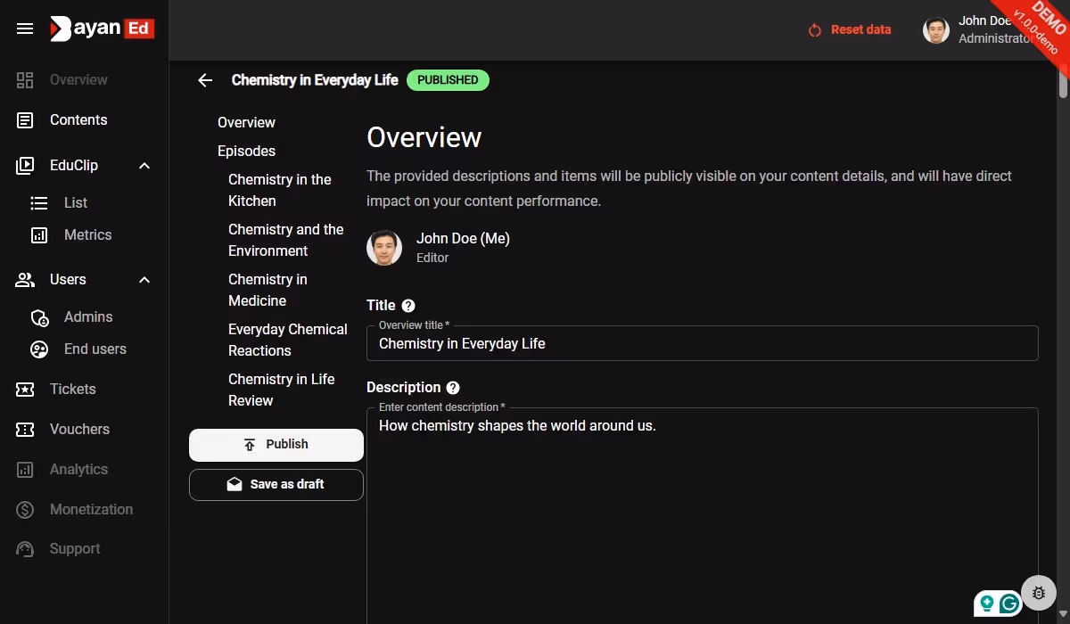 Screenshot of demo admin panel for editing content