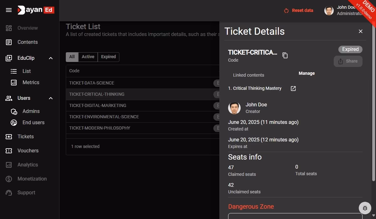 Screenshot of Ticket Details