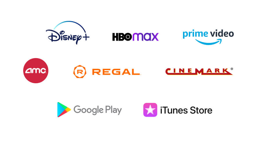Logos of famous streaming platform, theaters, and digital media stores