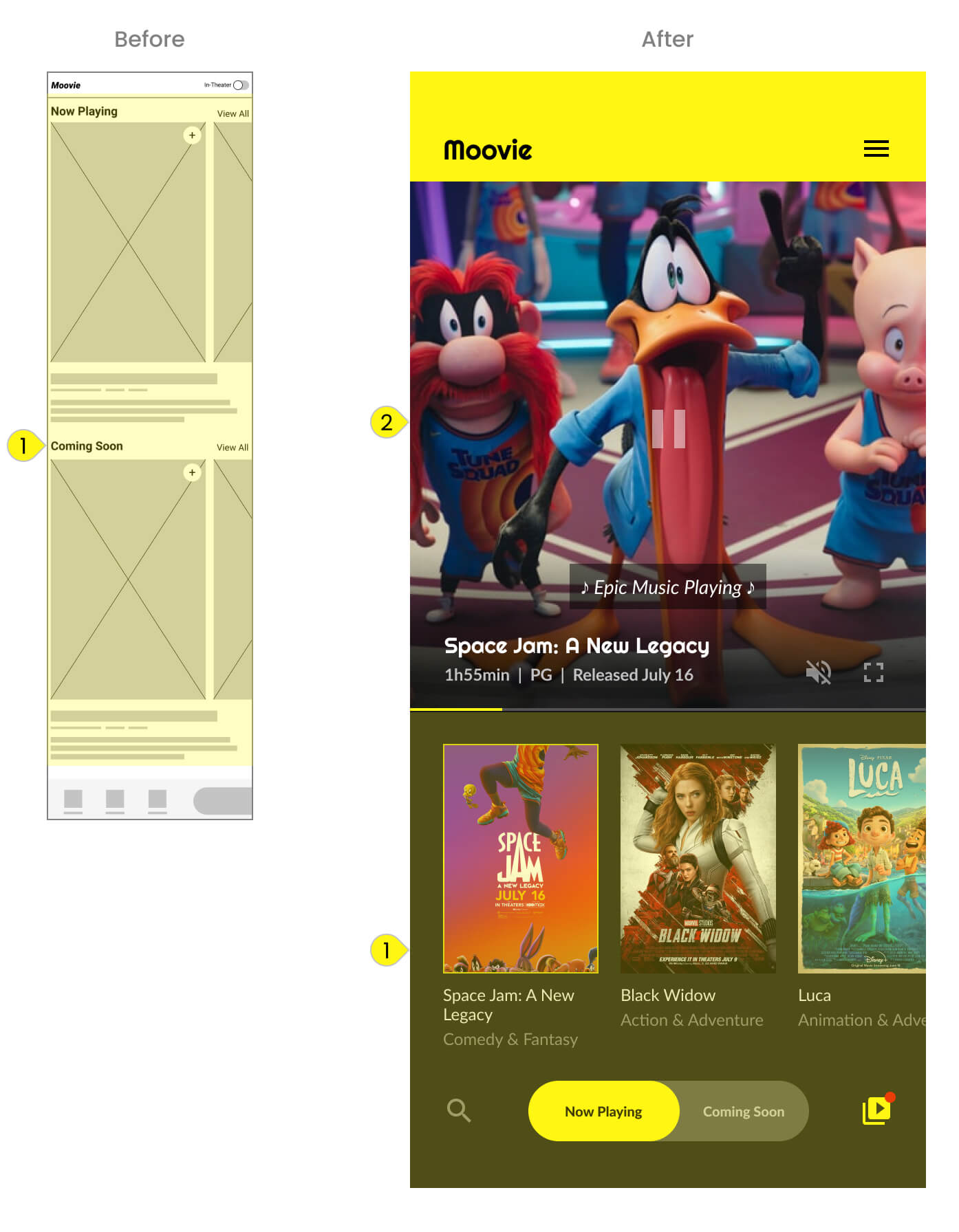 Home screen comparison between low fidelity and high fidelity