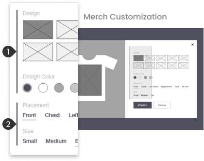 Low fidelity merch customization screen with annotations