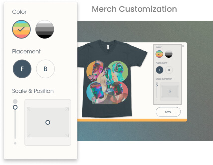 High fidelity merch customization screen with customization options highlighted