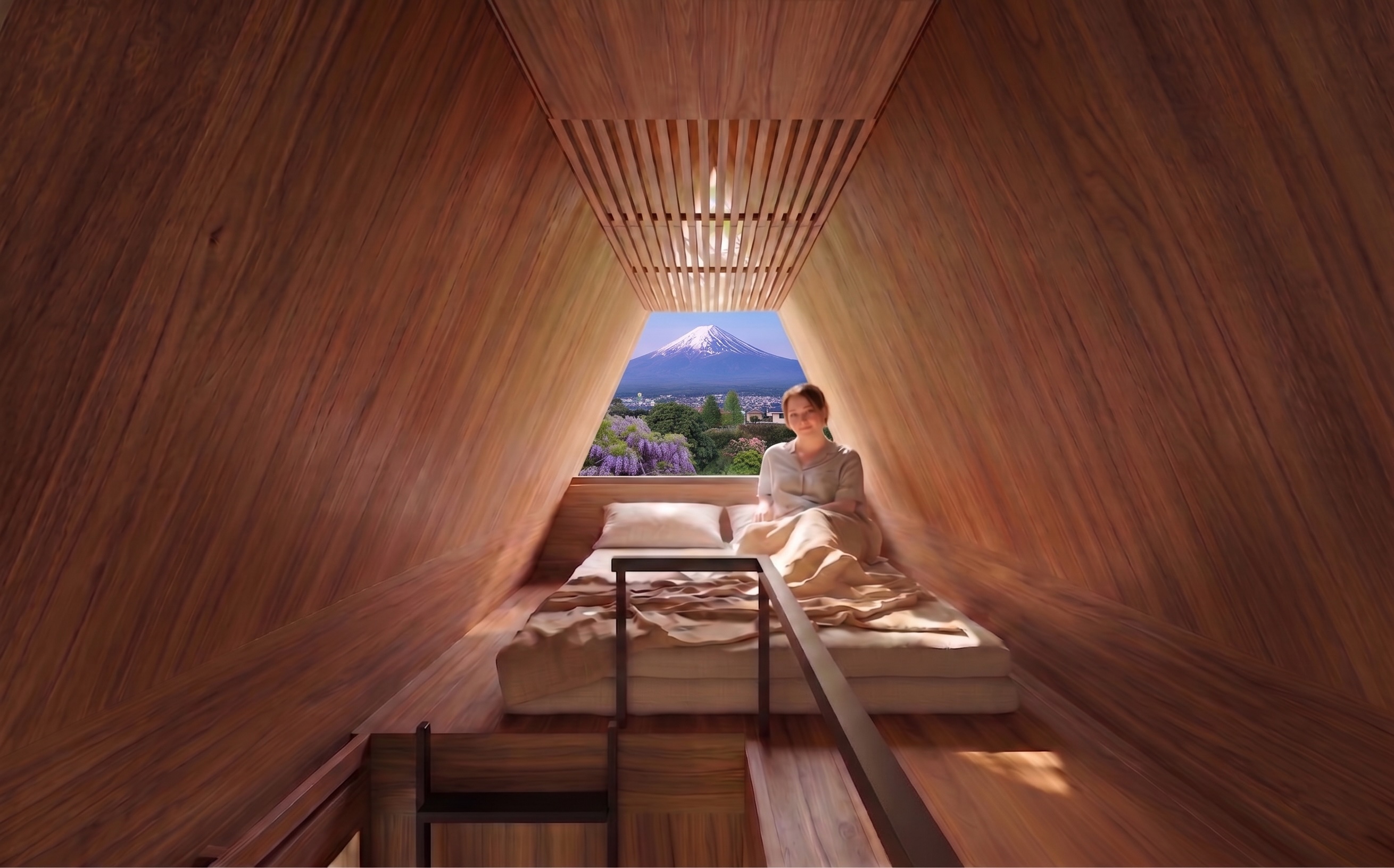 A-haus loft interior with beds and Mt. Fuji view