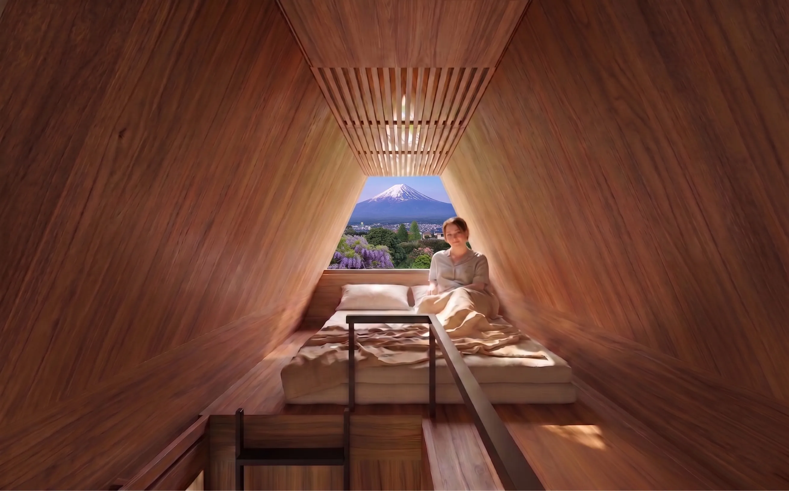 A-haus loft interior with beds and Mt. Fuji view