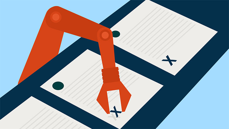 Illustration of a mechanical arm formatting a legal document