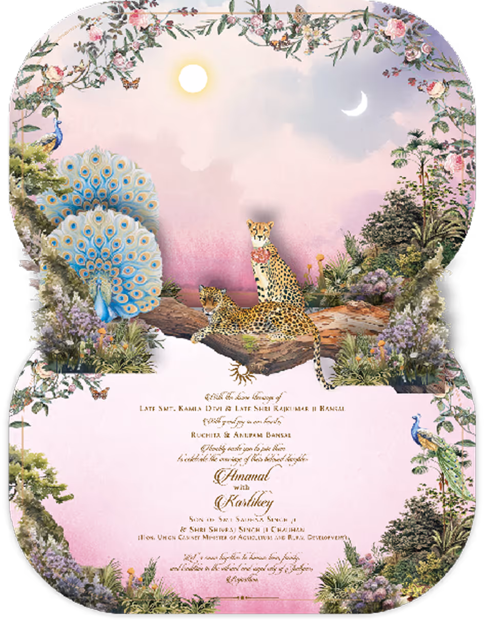 Amanat and Kartikey Wedding Card open: Inside pop-up Peacock leopard etc