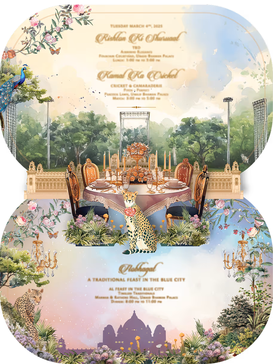 Amanat and Kartikey Wedding Card open: Inside pop-up Dining table, flowers and  leopard etc