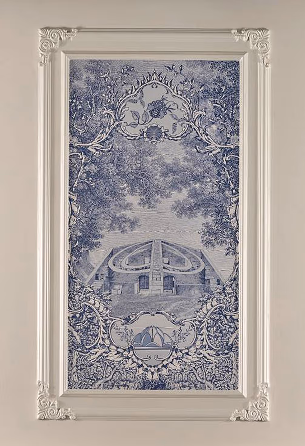 Wallpaper illustration designed by KRT Design Studio for a restaurant interior, featuring a blue-and-white hand-illustrated architectural and landscape panel framed in classical detailing, part of a curated series of ten region-specific artworks representing Pan-Indian states and culinary narratives aligned with the menu.