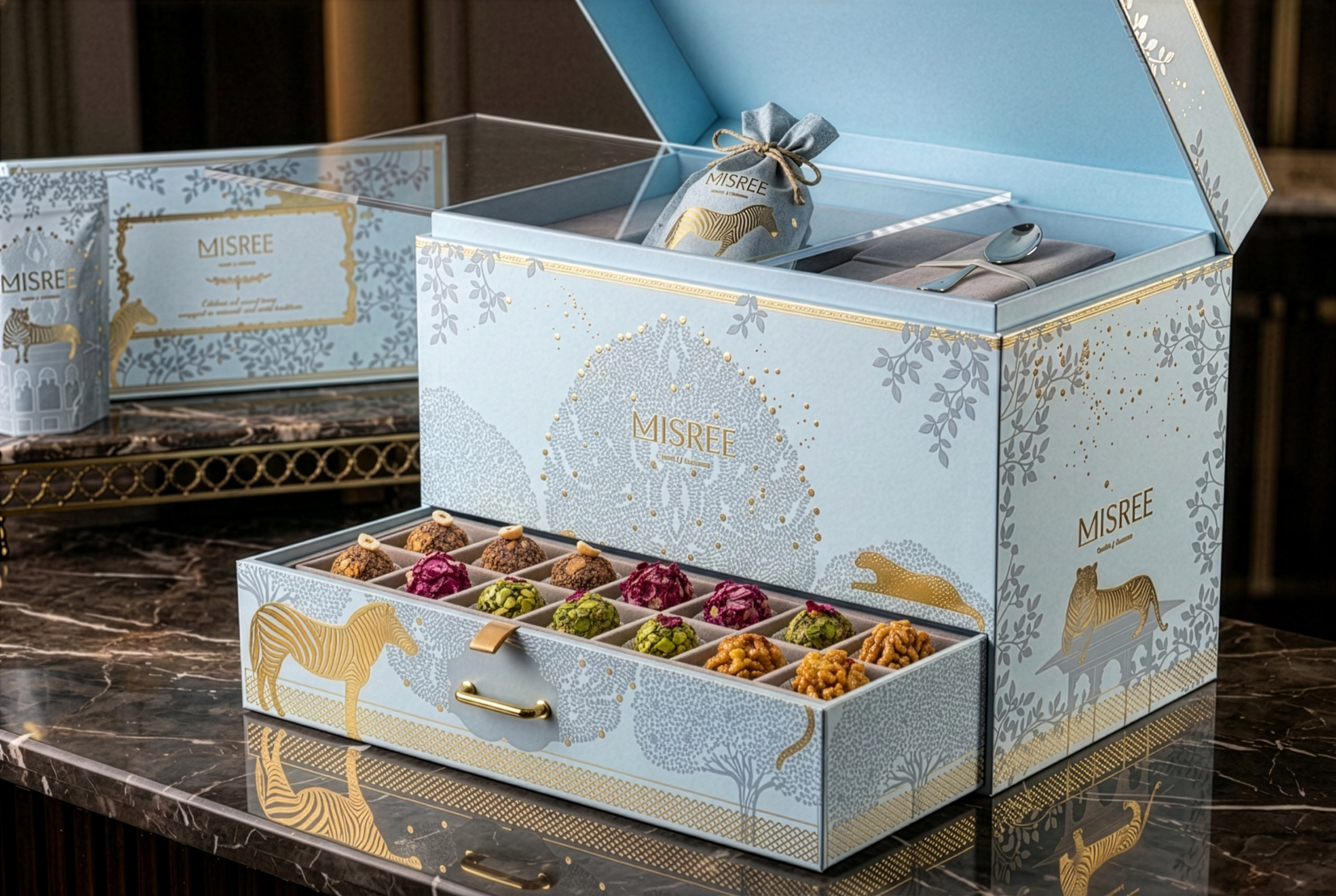 Enchanting Forest hamper in pale blue with gold animal illustrations, an upper compartment and a pull-out drawer filled with mithai.