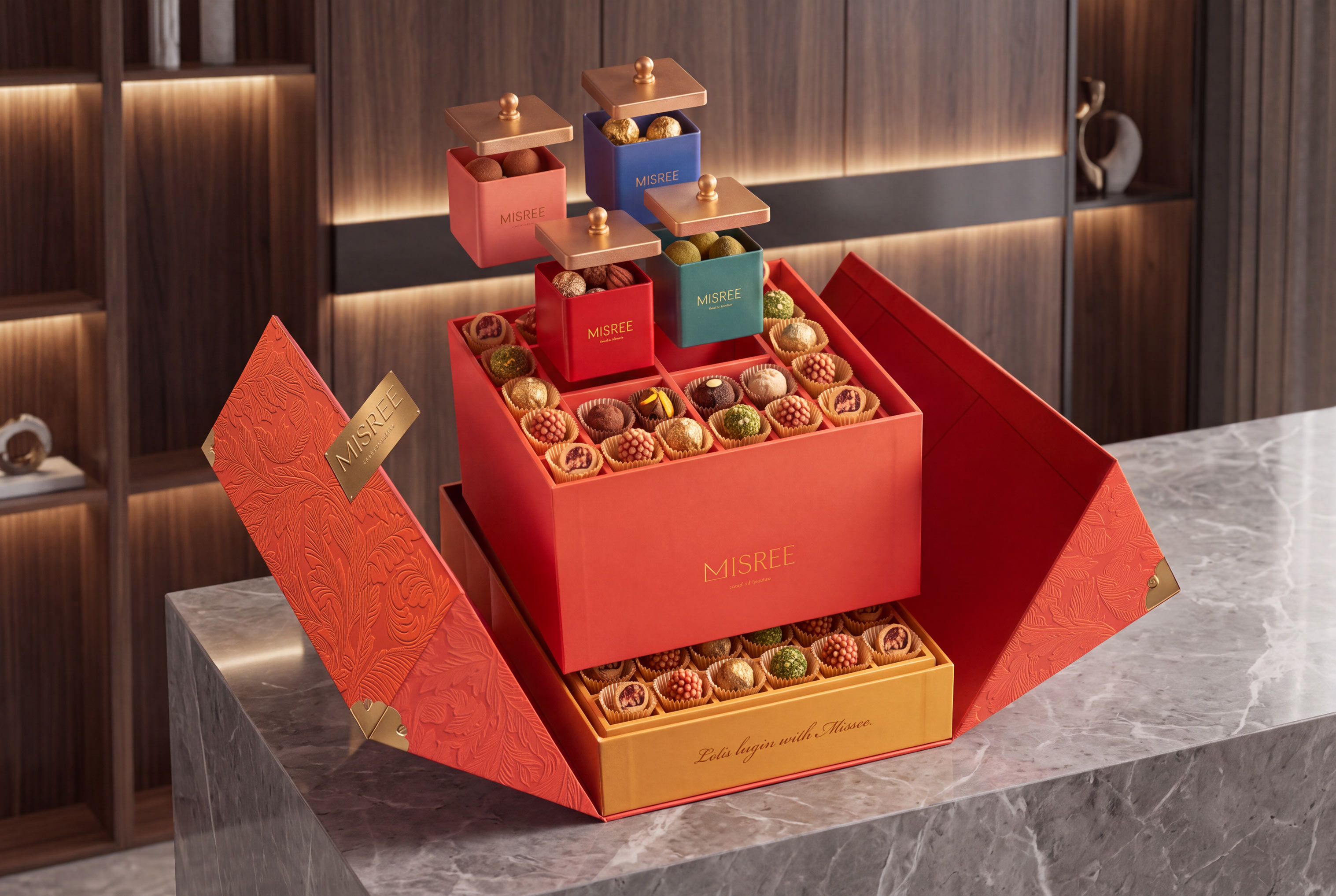 Ultra-Premium Hamper in a gold octagonal box with red floral illustration, alongside nested dry-fruit boxes and assorted mithai.