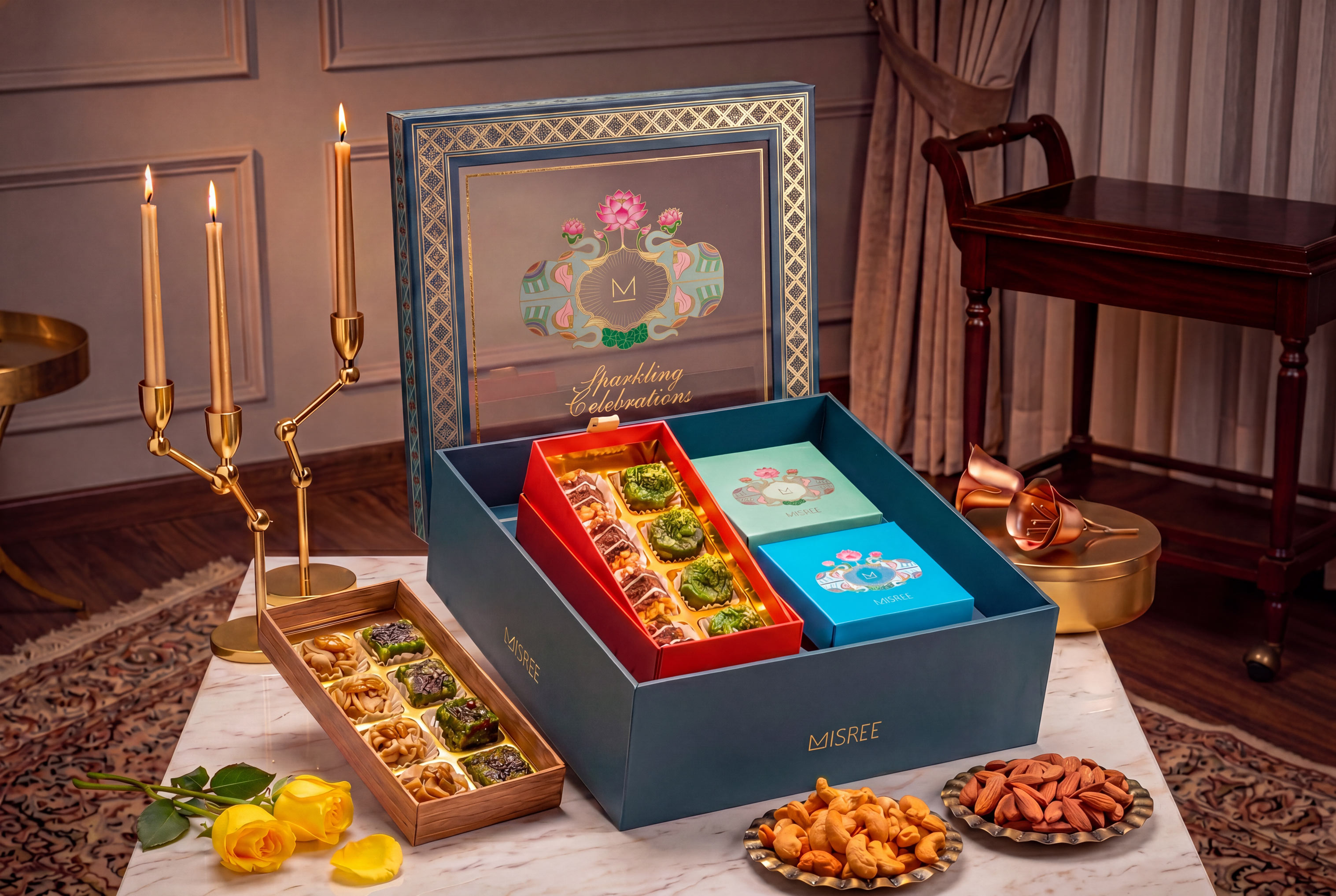 Sparkling Celebrations Hamper carries the ceremonial register through teal blue box, elephant+lotus crest and gold calligraphic script. The format is positioned for weddings, Diwali and institutional gifting.