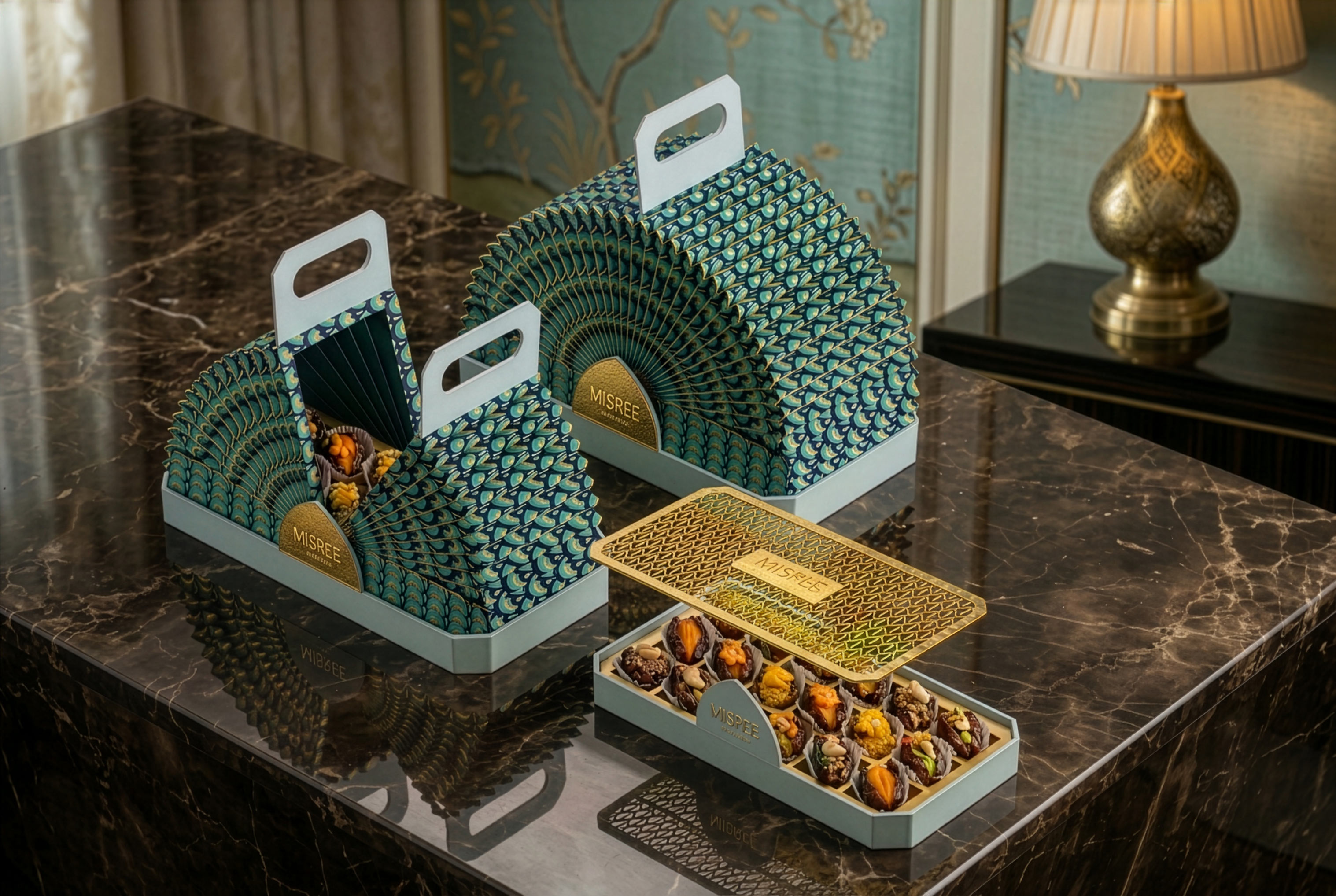 Two teal and gold Peacock Fold packages in closed carrier form with cut-out handles, with an open mithai tray in front.