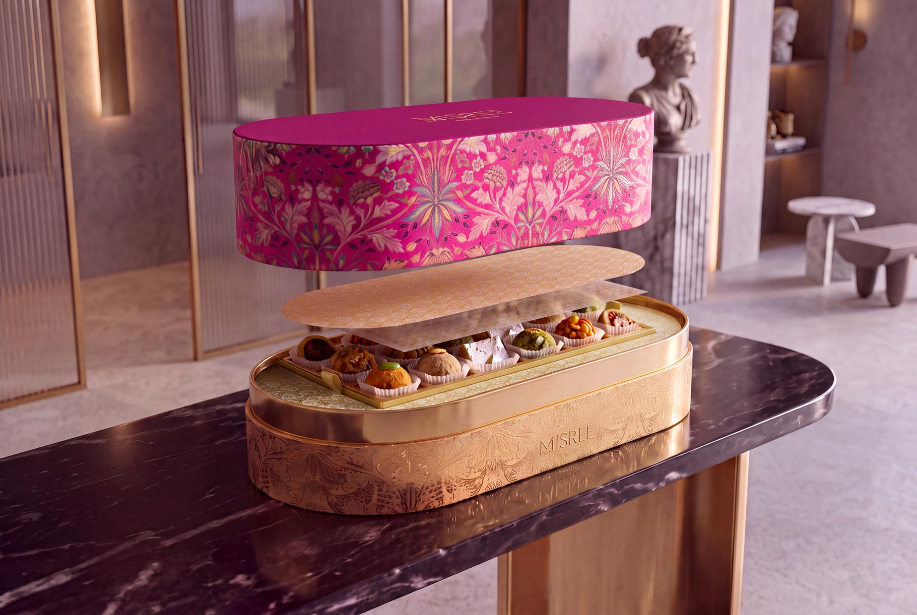 The Oval Capsule holds twenty-four pieces and builds the opening experience.