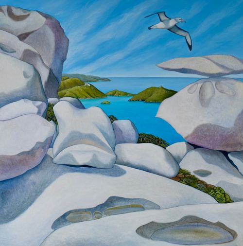 Clare Reilly framing painting in studio