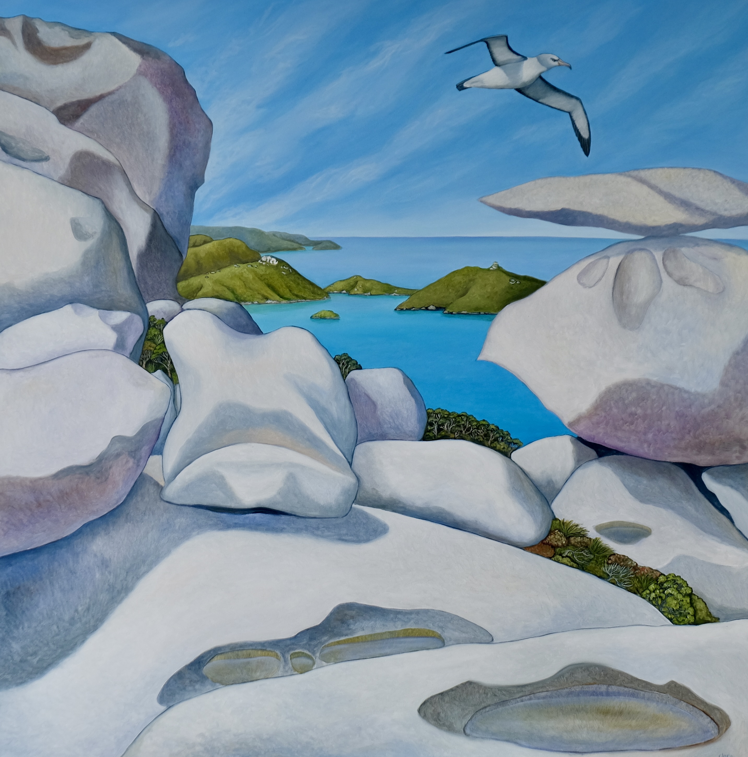 Clare Reilly framing painting in studio