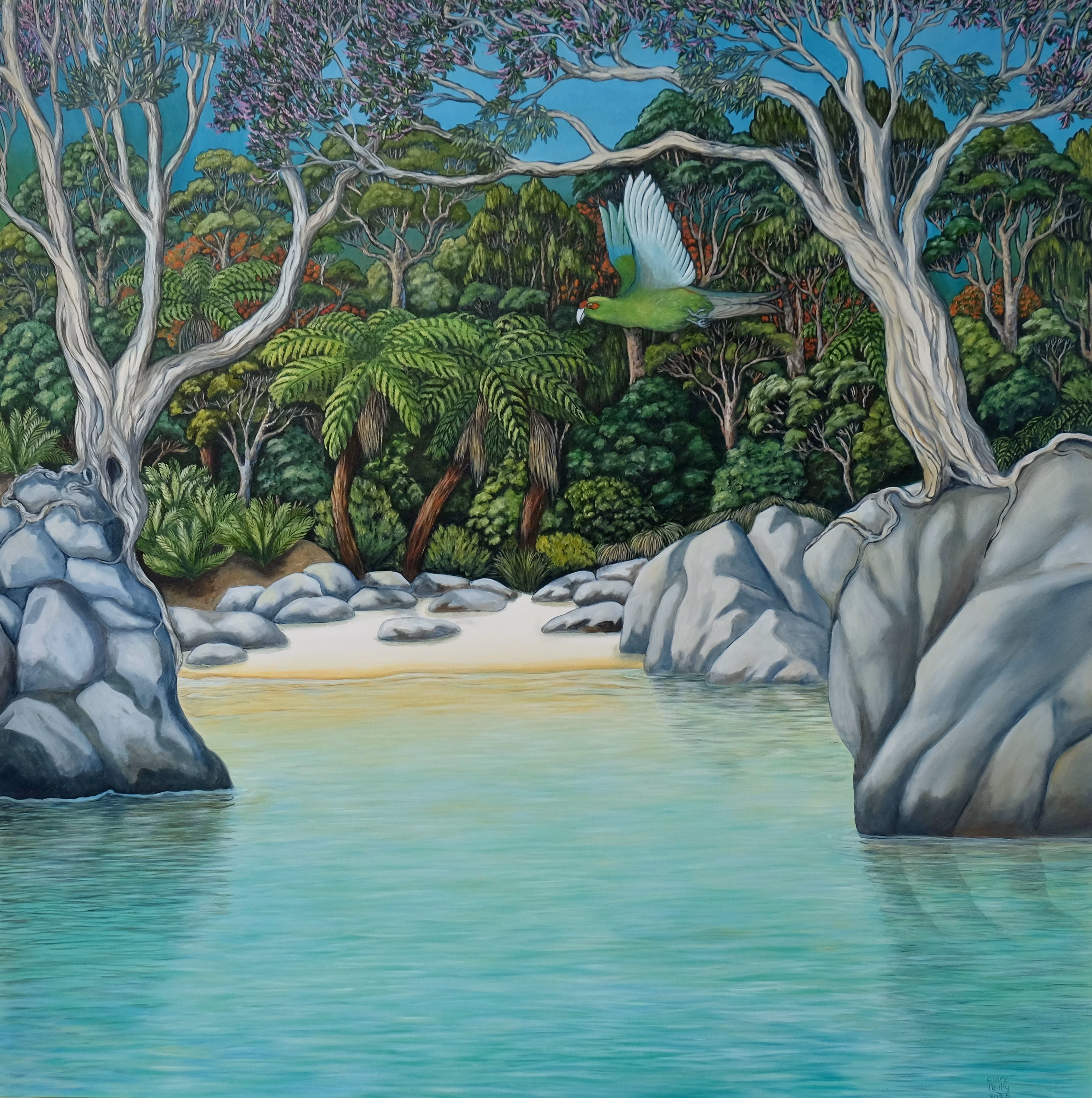 Clare Reilly framing painting in studio