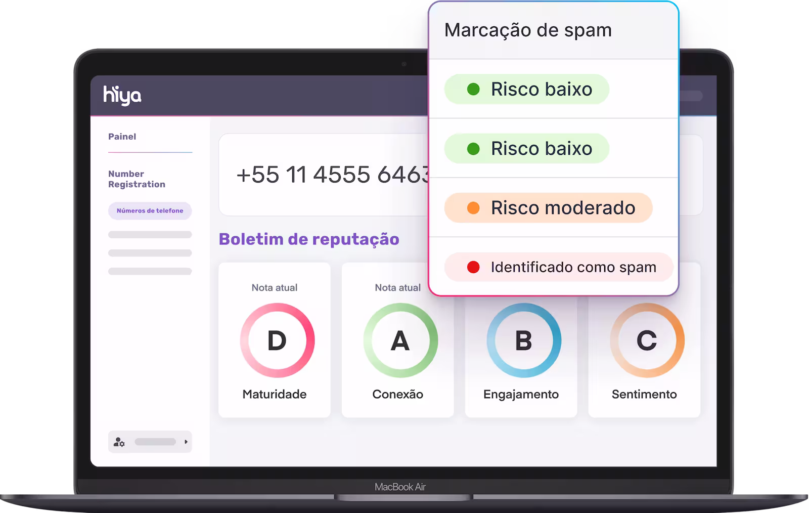 Painel do Hiya Caller Reputation que mostra a consulta de reputação de números de telefone e o status da marcação como spam.