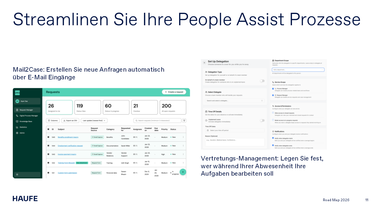 Streamlinen Sie Ihre People Assist Prozesse. Mail2Case: Erstellen Sie neue Anfragen automatisch über E-Mail Eingänge. Vertretungs-Management: Legen Sie fest, wer während Ihrer Abwesenheit Ihre Aufgaben bearbeiten soll