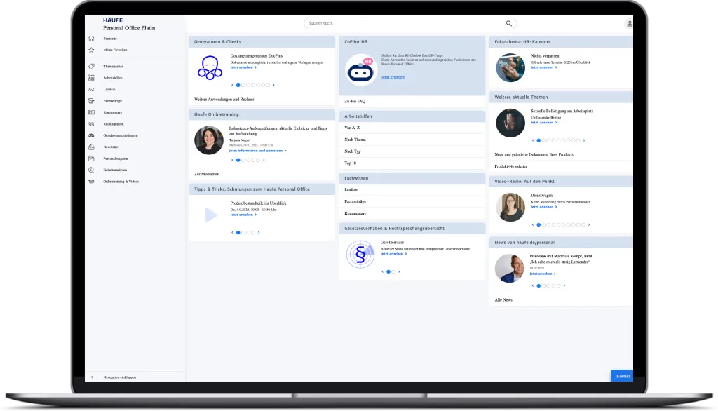 Die Software Haufe Personal Office Platin wird auf einem Laptop gezeigt.
