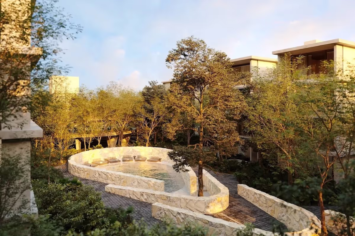 Natural pool blending architecture and nature in our real estate in Tulum Mexico.