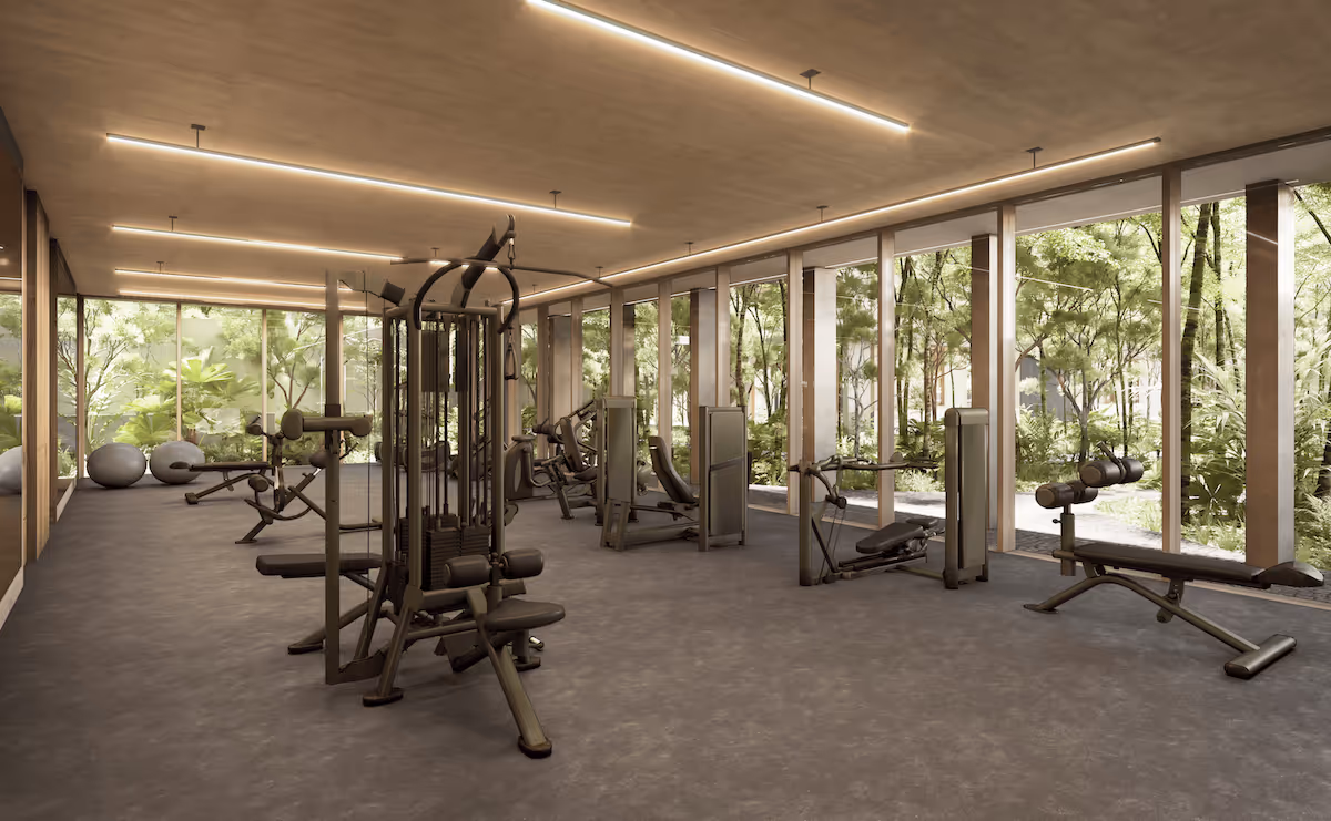Equipped gym at properties for sale in Tulum at real estate development Mayab Tulum