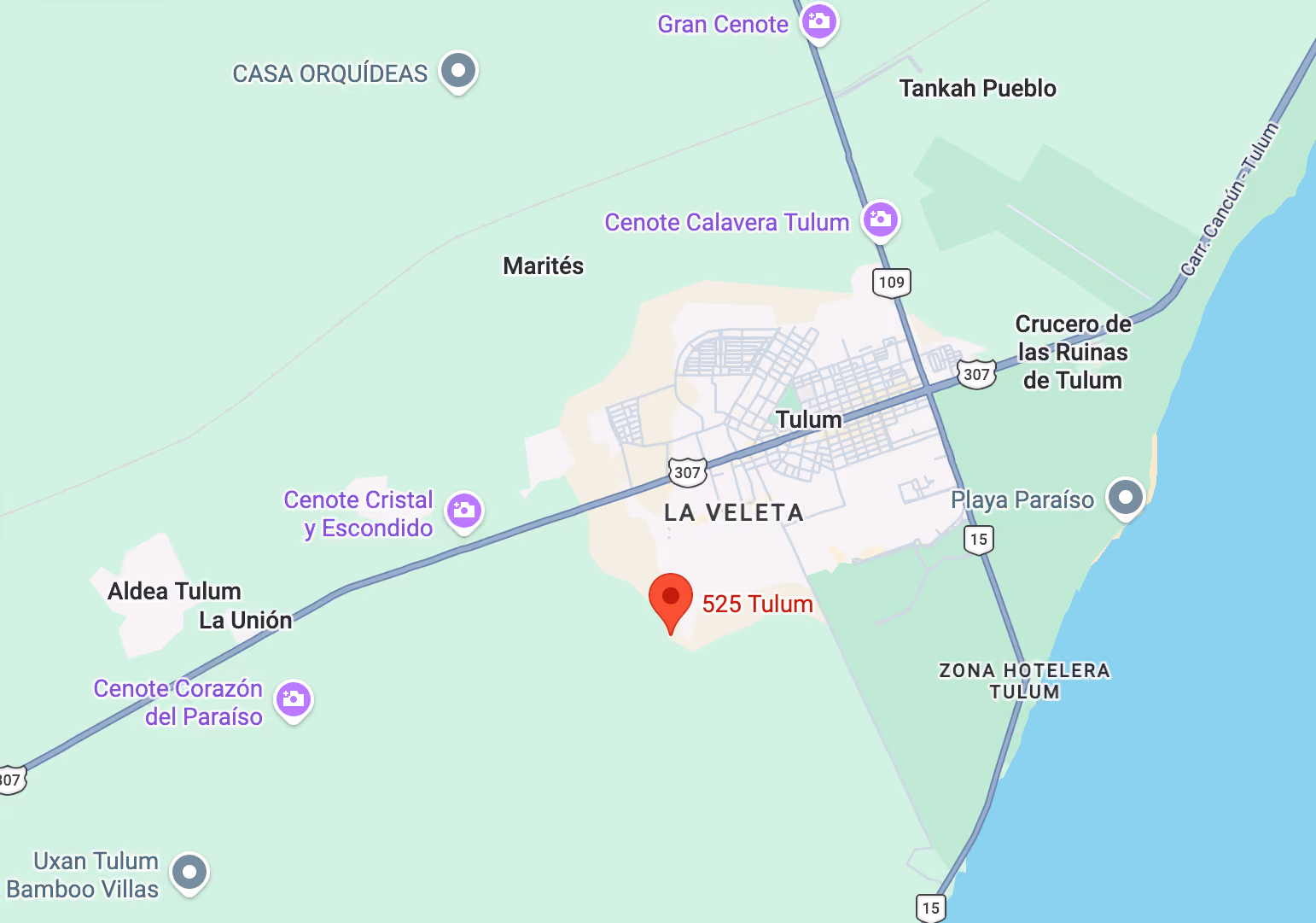 Google Maps location of properties at 525 Tulum