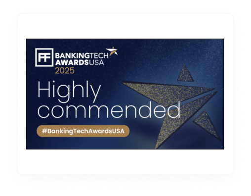 Banking Tech Awards USA 2025 logo with text 'Highly commended' and hashtag #BankingTechAwardsUSA on a dark blue background with a gold star graphic.