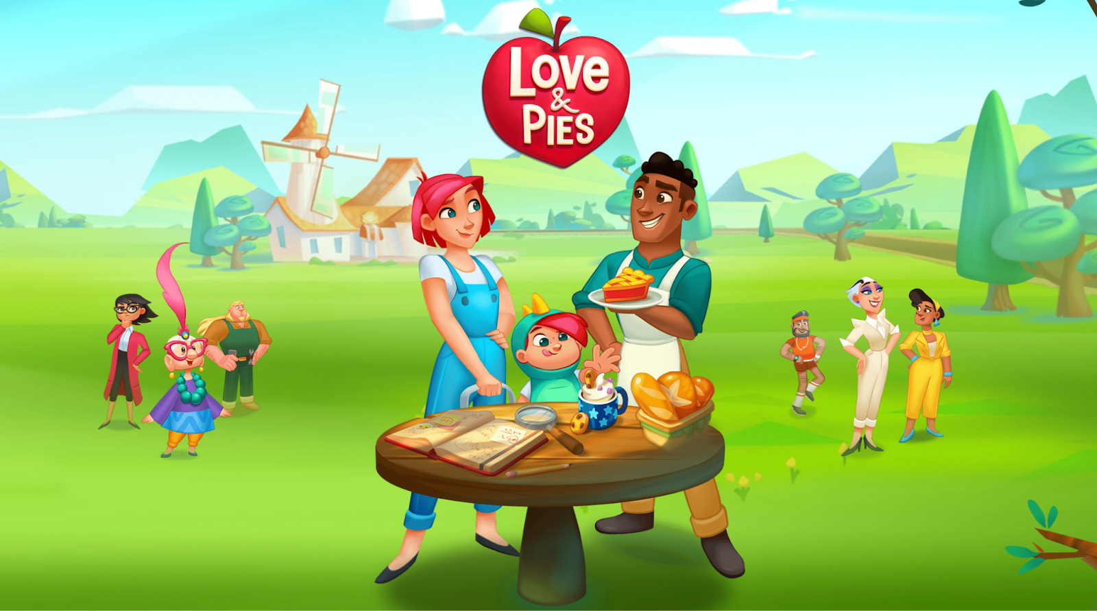 一幅漫画描绘了坐在桌前的女人、男人和孩子,桌上摆放着烘焙食品。背景中出现了六个人和一座带有风车的房子。
