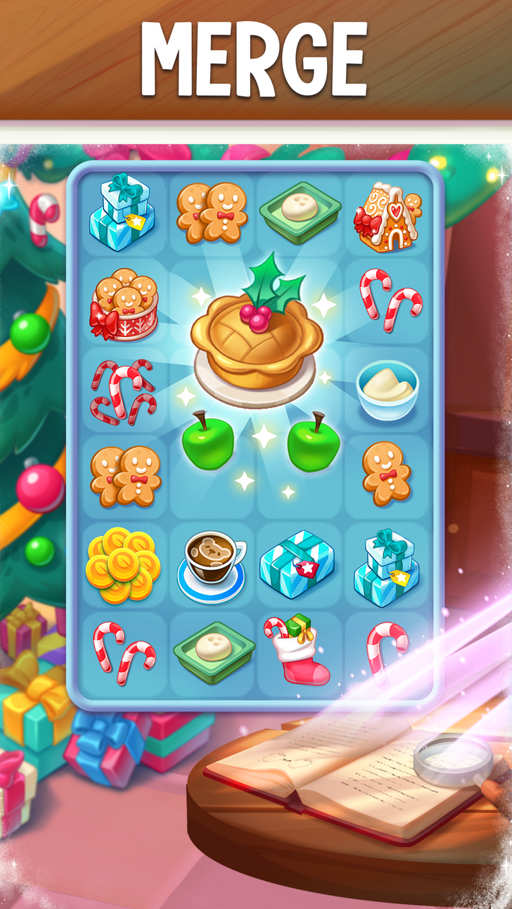 A cartoon grid filled with items like gingerbread men, candy canes, and gifts. A large pie sits in the center.