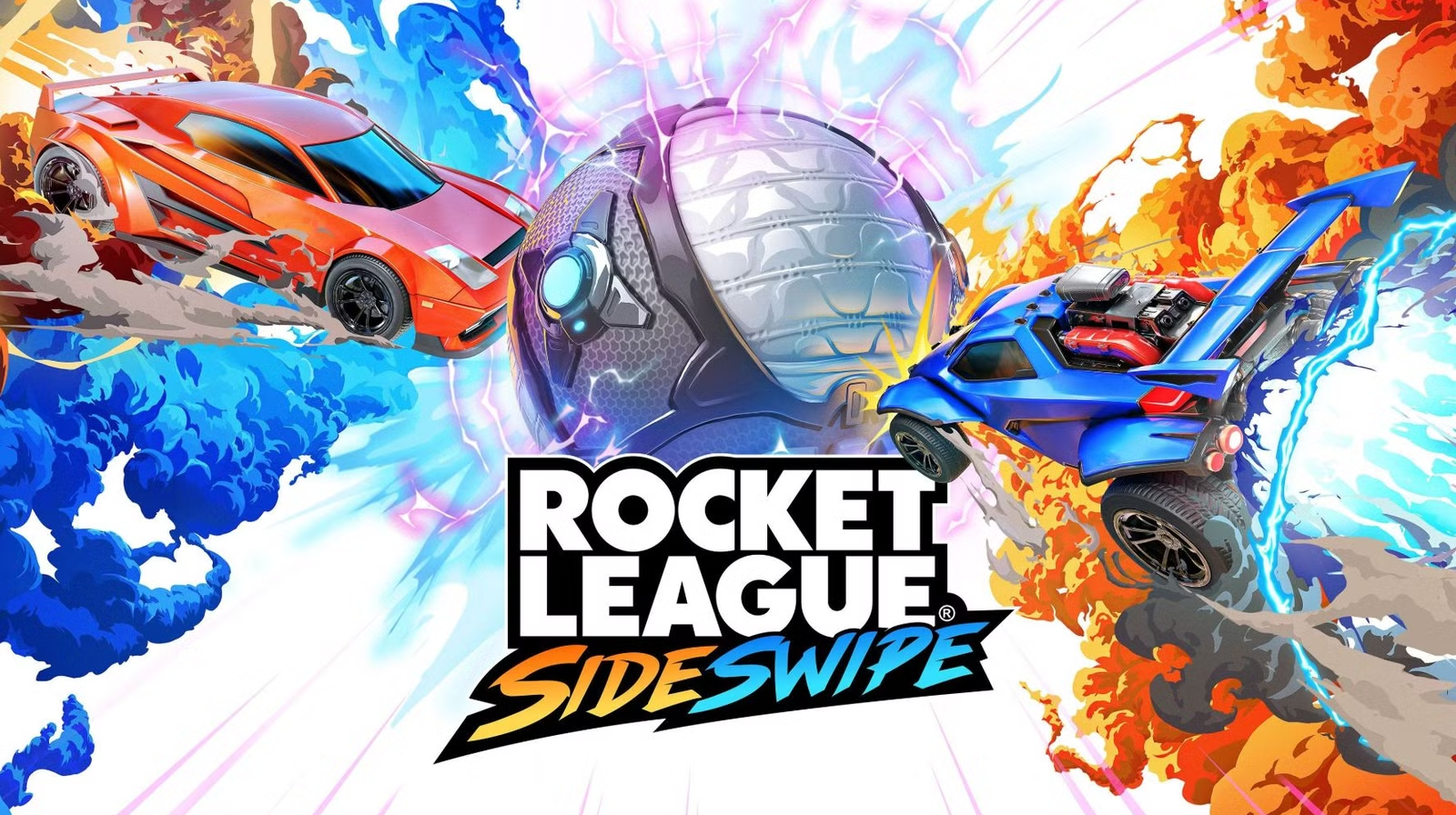 火箭联盟《侧击》游戏画面，展示两辆赛车猛烈撞击足球的场景。