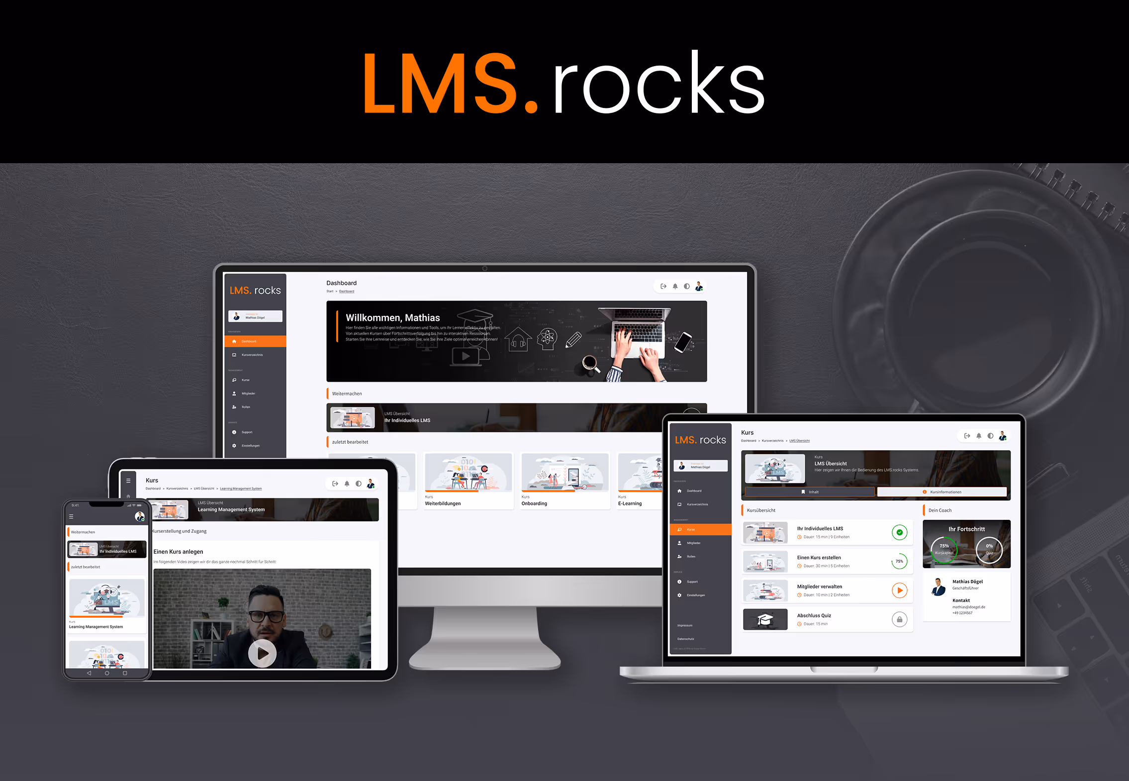 LMS.rocks learning platform shown on desktop, laptop, tablet, and smartphone screens.
