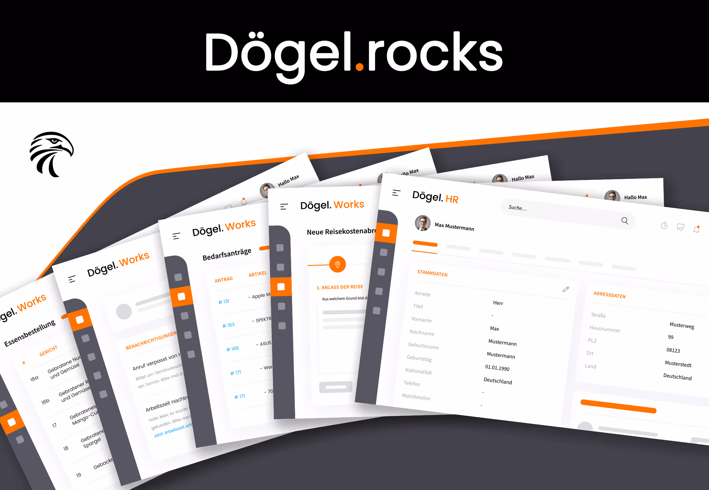 Dögel.rocks branding above multiple overlapping screens showing software interfaces in German.