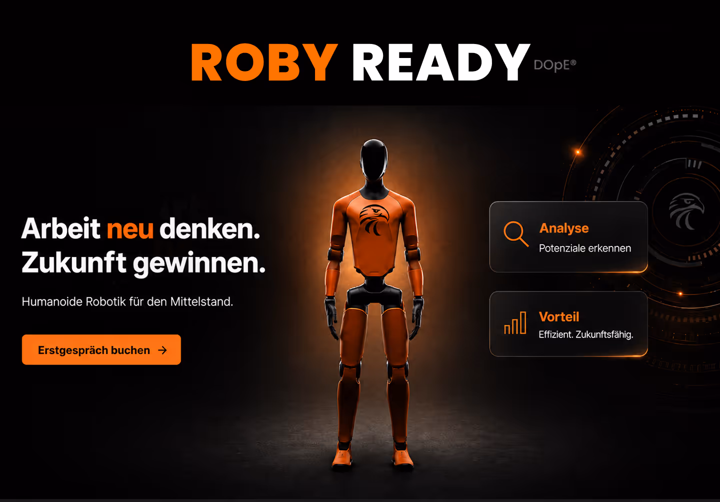 Orange humanoid robot with eagle logo, text about robotic work solutions in German on black background.