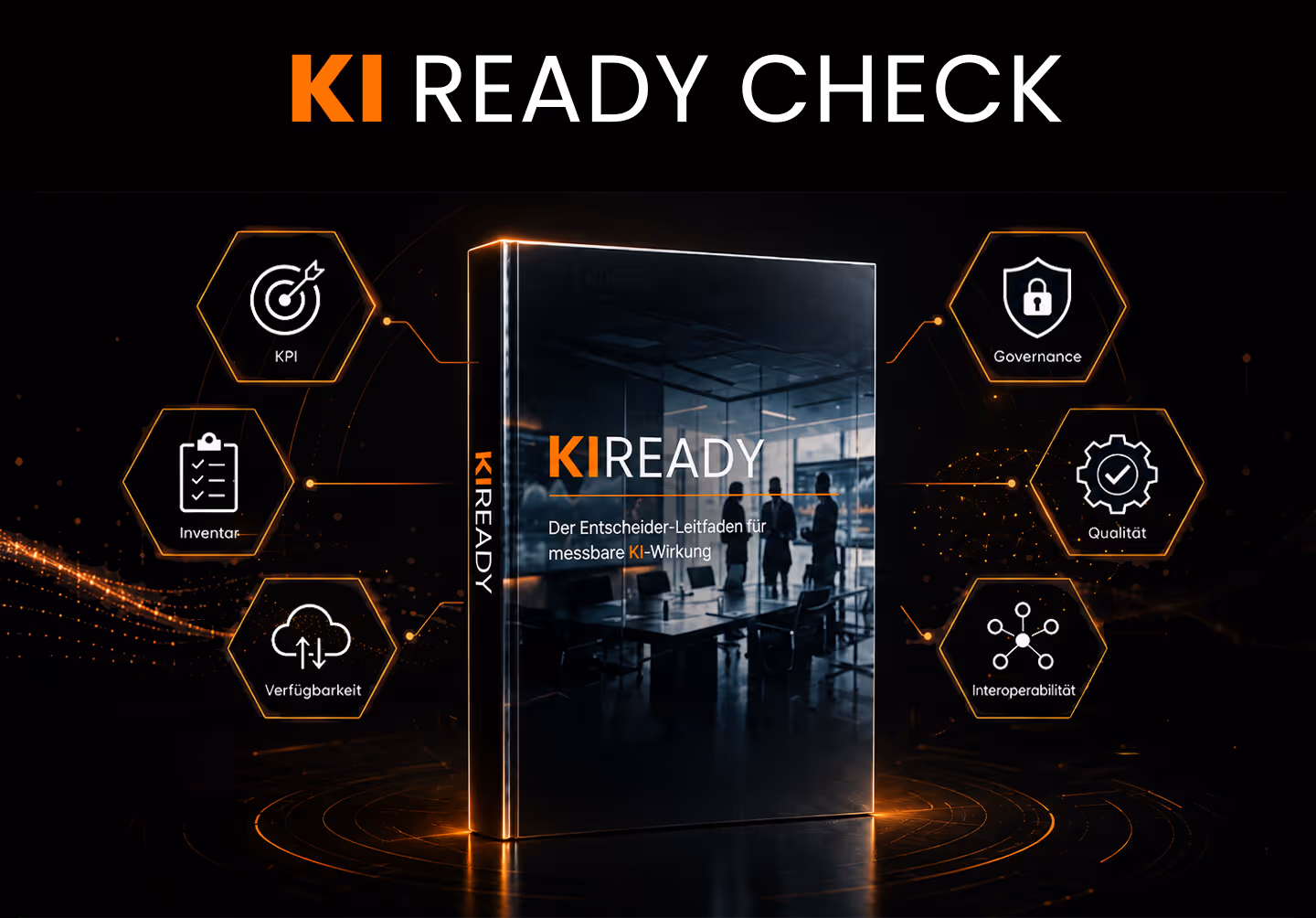 Book titled KI READY with icons for KPI, Inventar, Verfügbarkeit, Governance, Qualität, Interoperabilität.