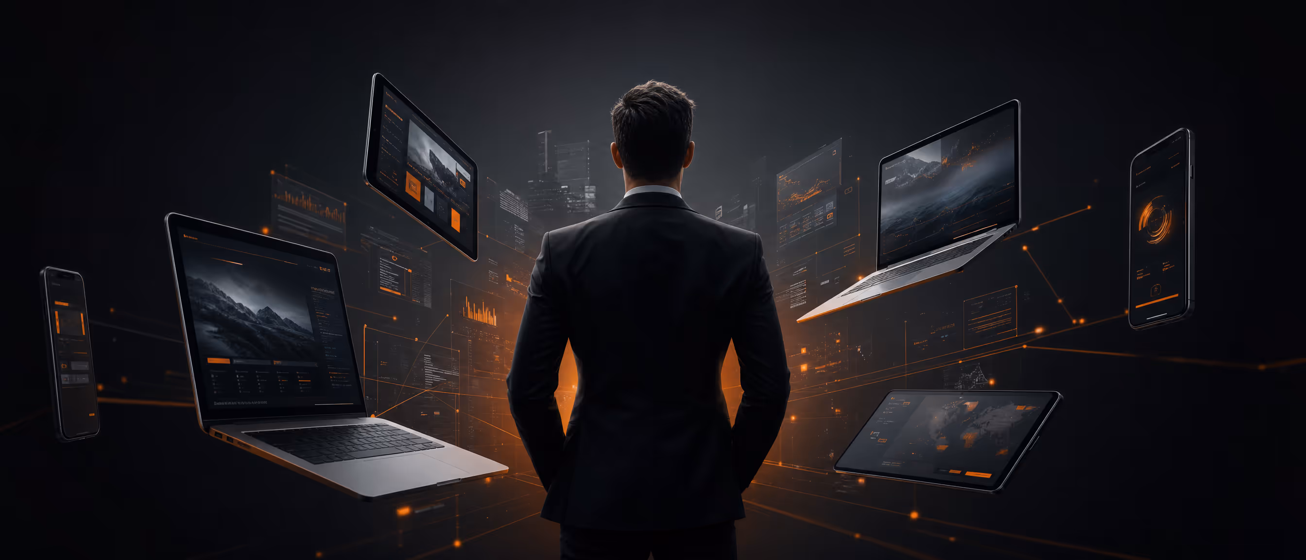 Man in suit facing floating digital screens and devices with dark interface and orange highlights.