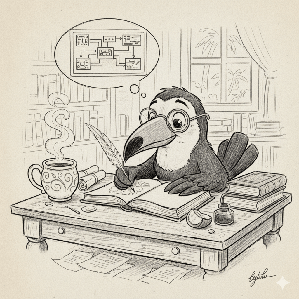 A toucan sitting at a desk writing a book, with a mug of steaming coffee next to it