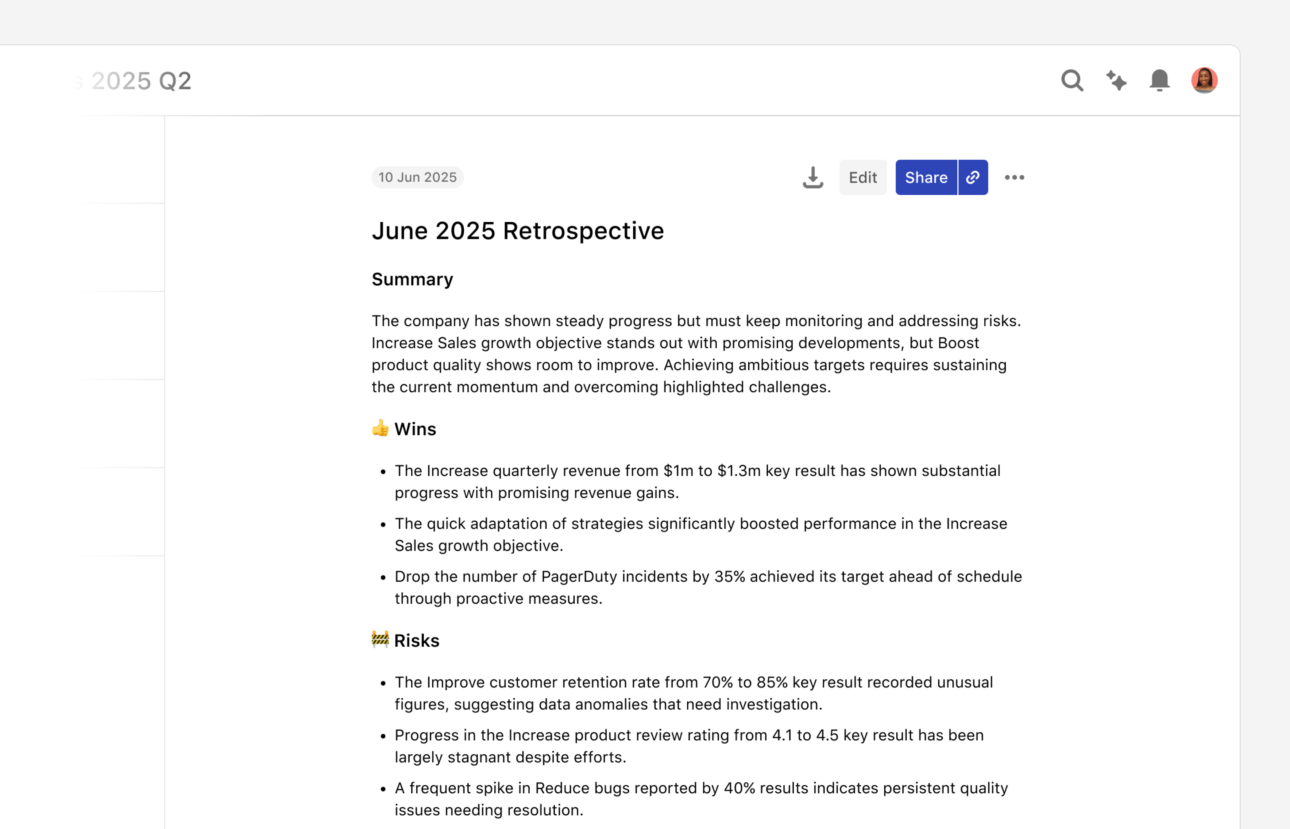 Screenshot of Tability's AI Generated OKR Reports