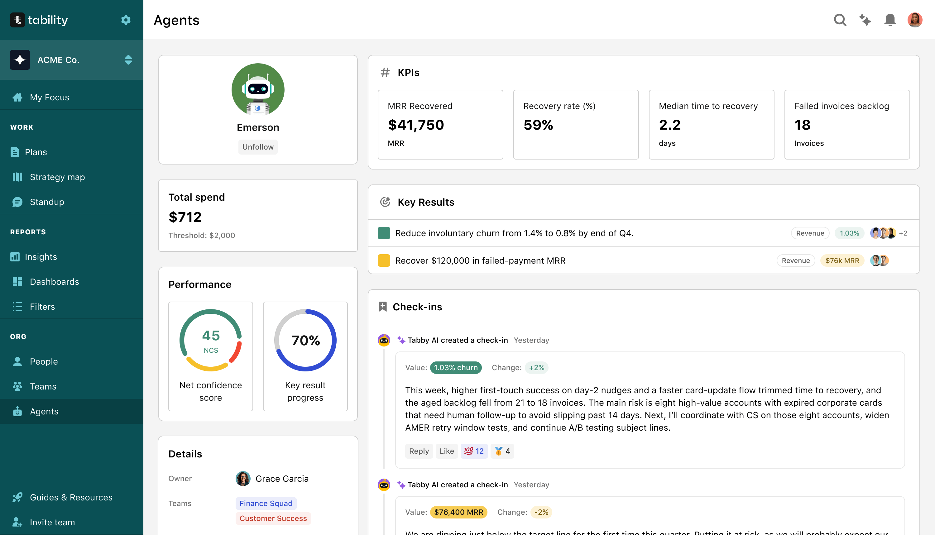 Screenshot of Tability's AI Agent performance profile