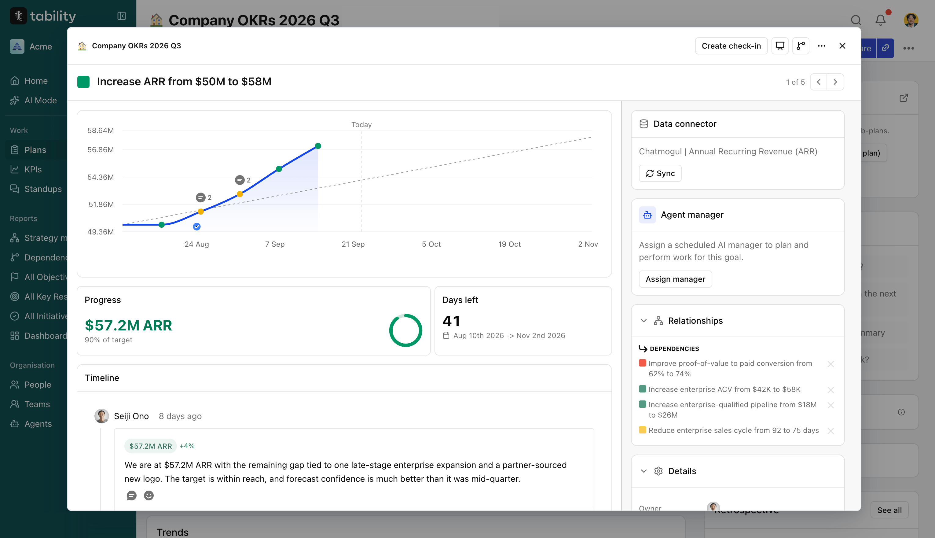 Check-in and OKR progress view in Tability OKR Software