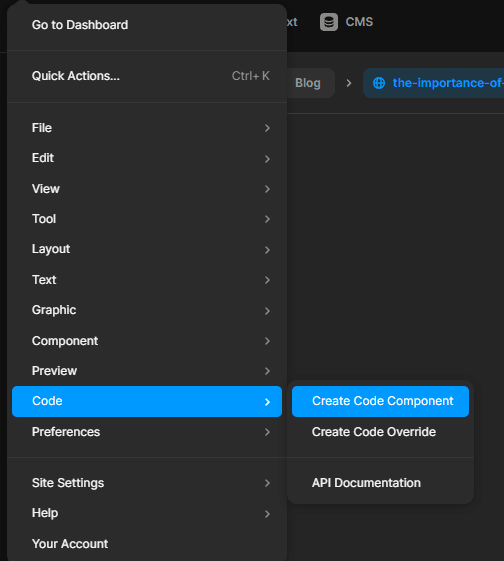 Framer menu showing where Create Code Component is located