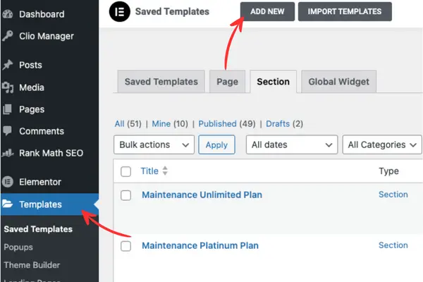 The Saved Templates Elementor screen with arrows pointing to the Templates and Add New buttons