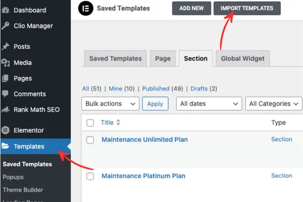 Importing templates we made before to reuse them using the import templates function of Elementor