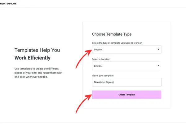 Elementor's new template page with arrows pointing to the type of template dropdown and create template button