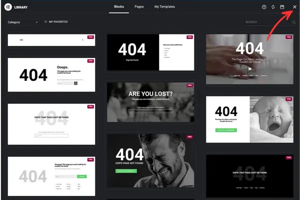 Elementor's template library with an arrow pointing to the close icon