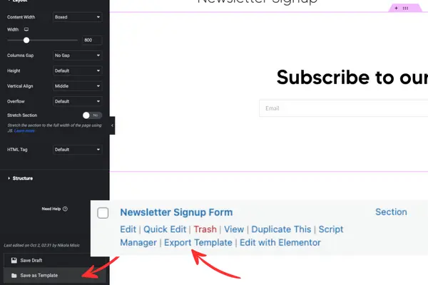 Saving our email subscription form as template with Elementor, or exporting via the WordPress backend