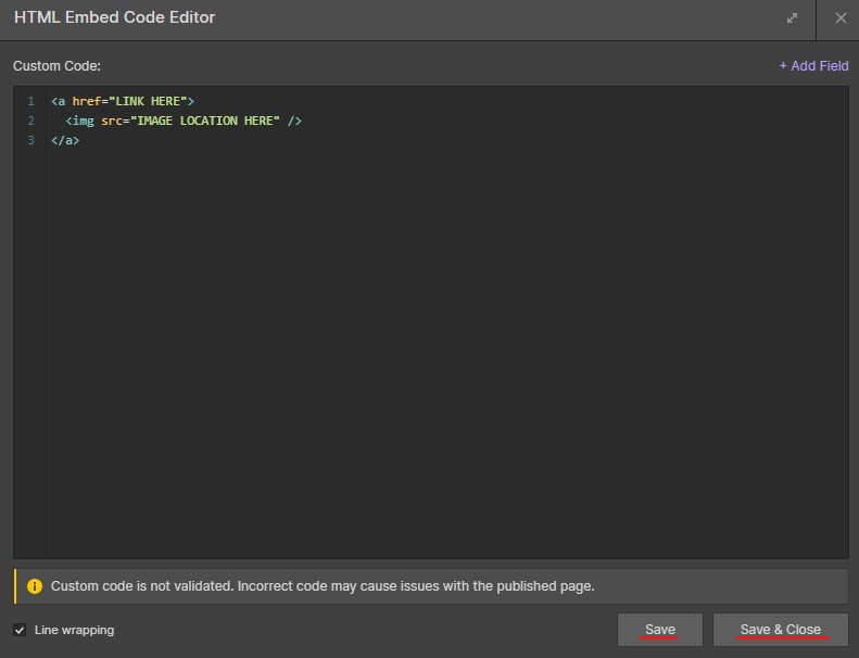 Save buttons on HTML Embed Code Editor window